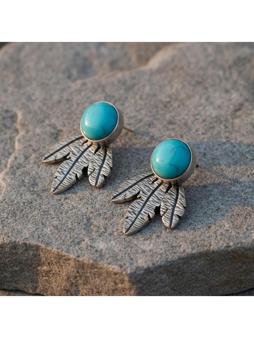 Southwestern Style Turquoise & Sterling Silver Feather Stud Earrings